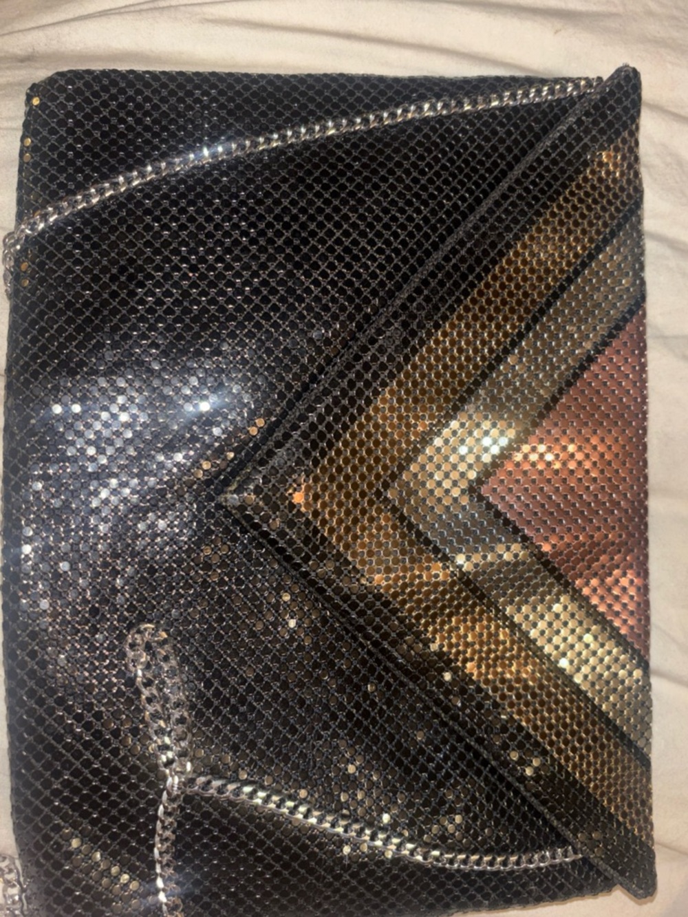 Whiting & Davis Black Metallic Sequin Envelope Clutch with Gold and Rose Accents